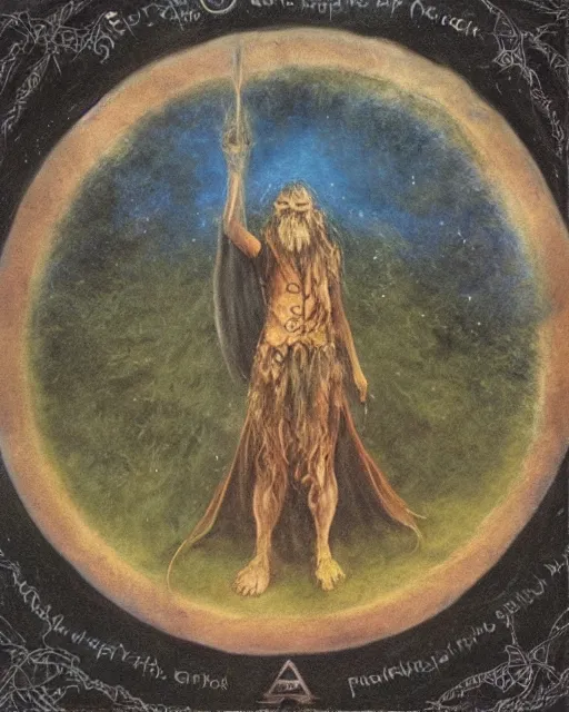 Image similar to a druid standing in a circle at the beginning of the world by brian froud