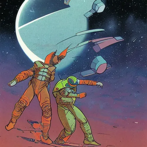 Prompt: a battle in the space, moebius style.