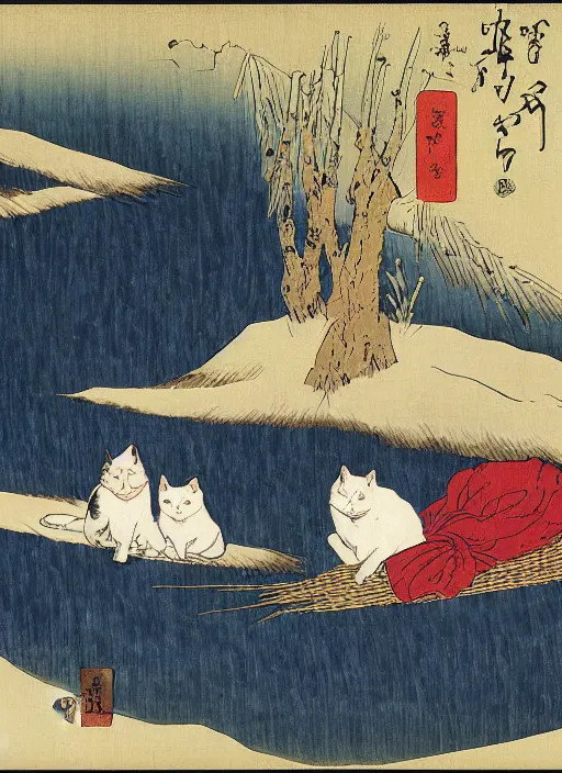 Image similar to whitecat with 2 baby white cats of utagawa hiroshige, digital painting 4 k uhd image, highly detailed