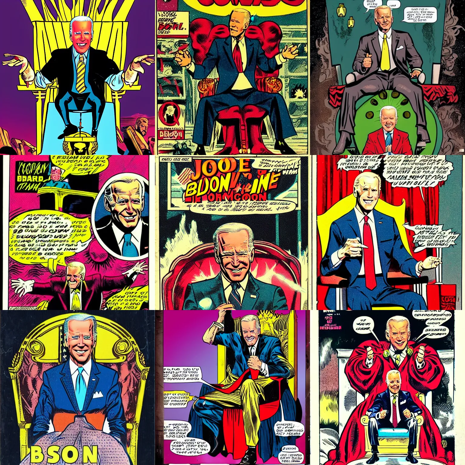 Prompt: vintage comic book but it's joe biden with glowing eyes sitting on a throne of iron