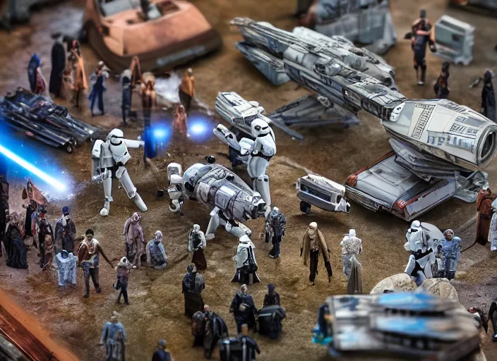 Image similar to a photo of a epic grand scale diorama of star wars figures and vehicles canon, macro photography, tilt - shift photography