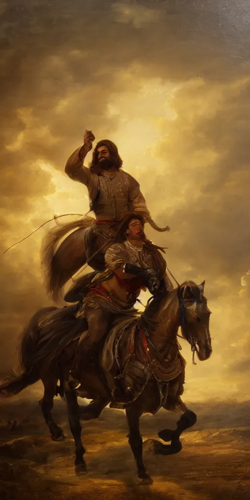 Image similar to Highly detailed and cinematic romantic period oil painting of an Arabian prince riding a rearing horse, beautifully lit and atmospheric, an oil painting masterpiece by Josep Tapiró Baró, RPG portrait, dynamic lighting, 8K