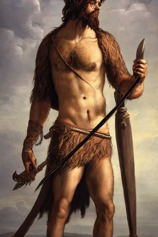 Prompt: renaissance full body portrait of a gruff ranger with a spear, lean and toned, handsome face, hairy chest and hairy body, D&D, intricate, elegant, highly detailed, digital painting, artstation, concept art, matte, sharp focus, chiaroscuro, well list, sharp detail, illustration, art by Da Vinci, Artgerm and Greg Rutkowski and Alphonse Mucha