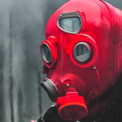 Prompt: luscious red lips visible through a translucent gas mask with sulphur gas swirling in the air