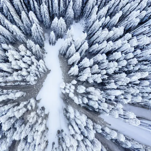 Image similar to sattelite image of snow from 250 meters height, just a few cut frozen trees covered with ice and snow, old lumber mill remains, beautiful winter area