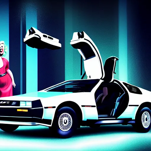 Image similar to portrait of marty mcfly and marilyn monroe next to a delorean dmc - 1 2, digital art, artstation, high detail, 4 k, sharp focus