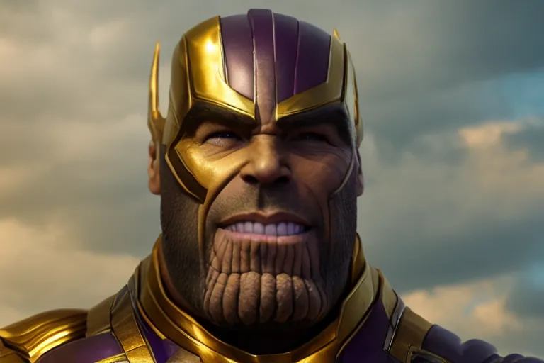 Prompt: MCU 3D render of gigachad thanos smiling, wearing infinity gauntlet, high quality wallpaper, desktopography