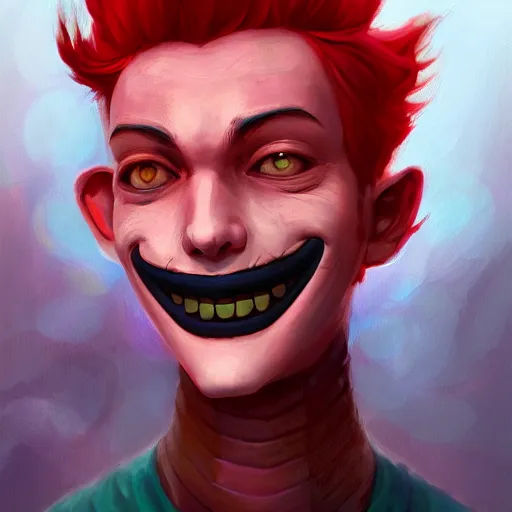 Prompt: a portrait of the happy mask salesman, grinning, red hair, art by loish and wlop, digital art, trending on artstation hq, deviantart, 4 k uhd image