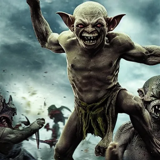 Image similar to clash of two armies, battle, orcs against gollum - faced humans