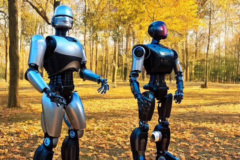 Prompt: real life robocop, ultra realistic!!!, autumn, clear weather, golden hour, sharp focus
