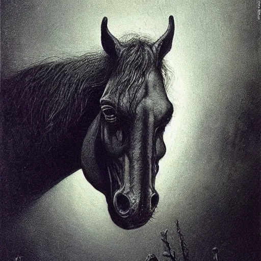 Prompt: horse beksinski, eldritch, apocalypse, creepy creature, horror spooky