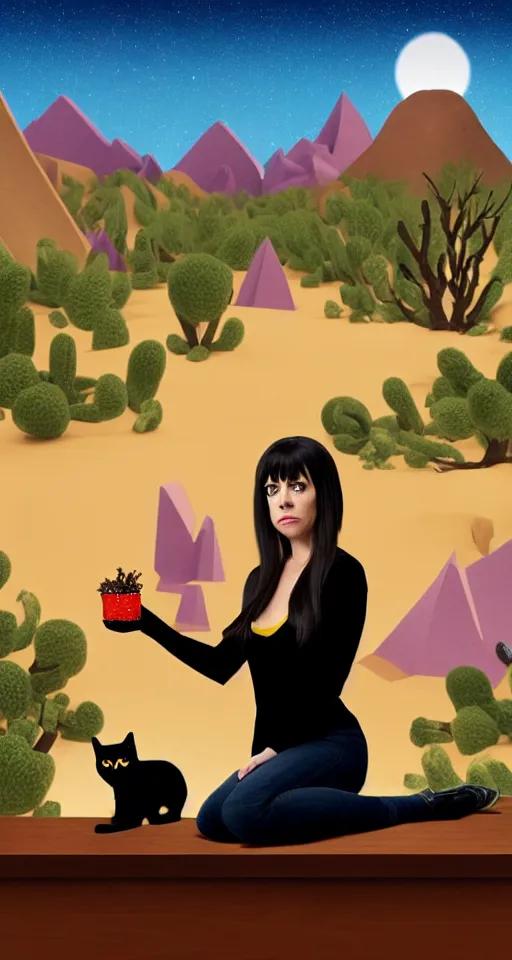 Prompt: april ludgate with a black cat on a table, set in the dessert with a mountain in the background, detailed, volumetric lighting, realistic, cinematic