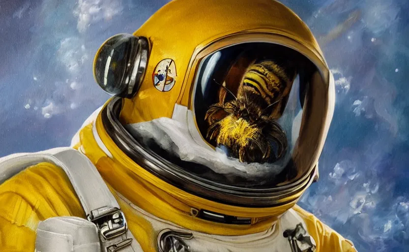 Image similar to oil painting of a bee in a astronaut suit with helmet, 35mm, photo, Epic, cinematic, highly detailed and intricate