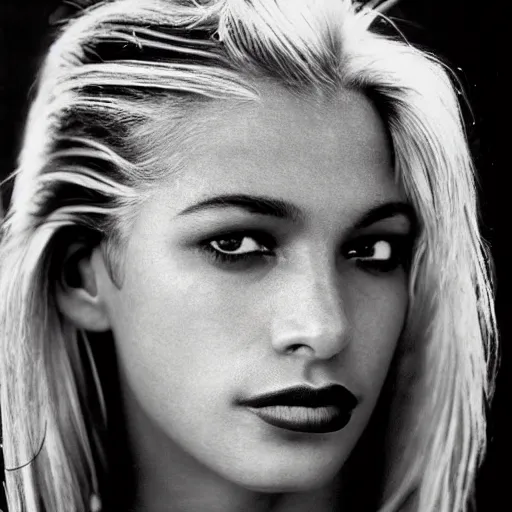 Prompt: black and white vogue closeup portrait by herb ritts of a beautiful female model, brazilian, high contrast