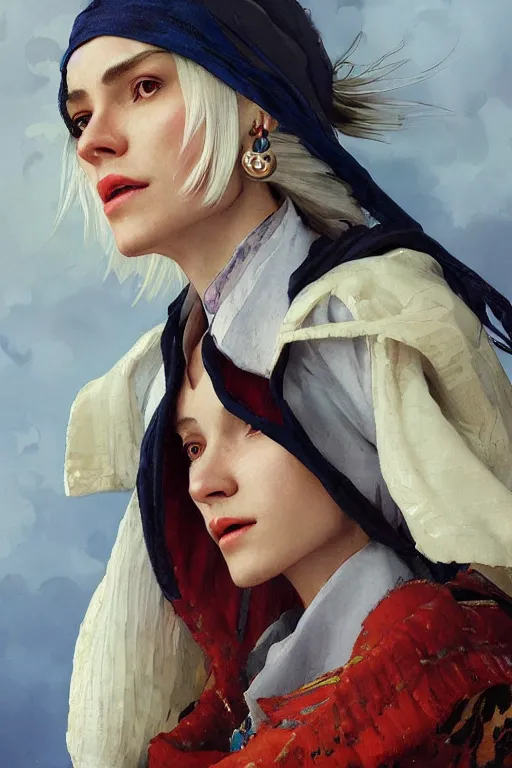 Image similar to close-up Howl from Howl's Moving Castle with white hair, pearl earrings, colourful clothes, fantasy, portrait, highly detailed, digital painting, artstation, concept art, sharp focus, illustration, art by greg rutkowski and alphonse mucha, oil painting by John Ward, by Arthur Walker, by Vermeer,