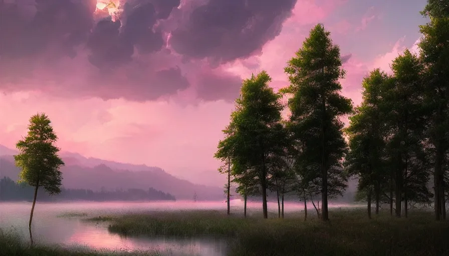 Image similar to tall lush evergreen trees beside a beautiful lake, pink clouds backlit by yellow sun, aesthetic, by greg rutkowski, featured on artstation, wide angle