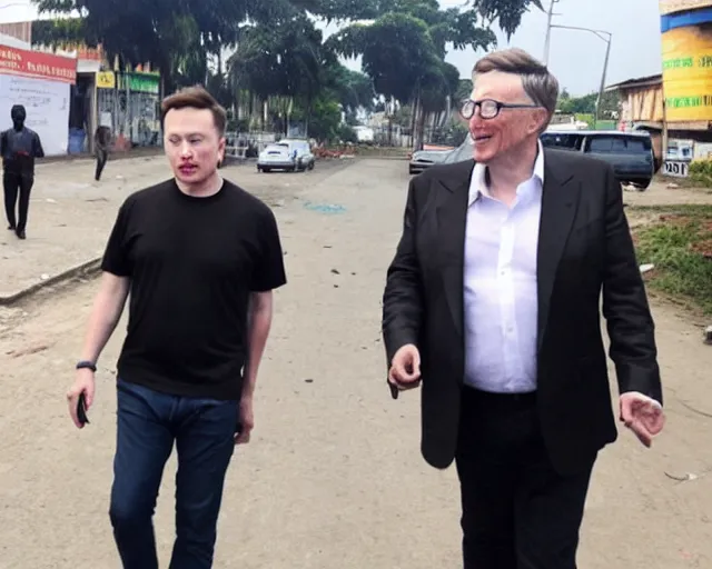 Prompt: elon musk and bill gates drunk in the streets of kinshasa