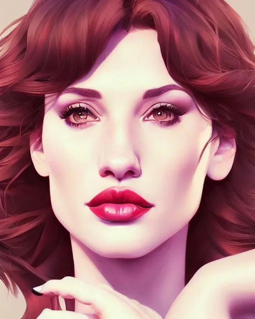 Image similar to a beautiful gina gershon christina hendricks kat dennings dolly parton instagram model, cascading hair full lips, by wlop and ilya kuvshinov and artgerm,, gorgeous, stunning, alluring, artstation, deviantart, digital art