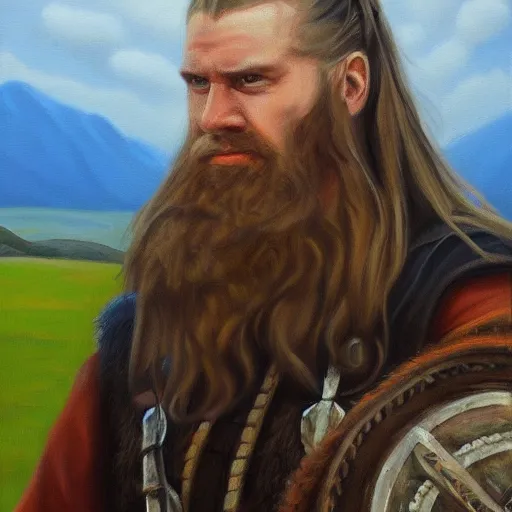 Prompt: oil painting of sean mcloughlin with a man bun as an irish viking in the style of steve argyle, fantasy painting