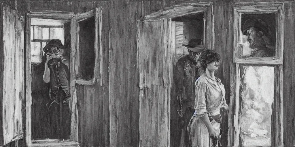 Prompt: in an old west cabin, close up portrait of beautiful Mila Jovovich, foreground, ((alone)) in the doorway and Dave Bautista cowboy standing opposite ((alone)) at the window, arguing, symmetrical, in the style of Fredrick Remington, oil painting