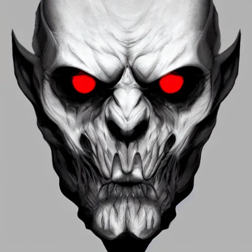 Image similar to dark lord looking into the camera, red glowing eyes, wearing black robe, white background, artstation