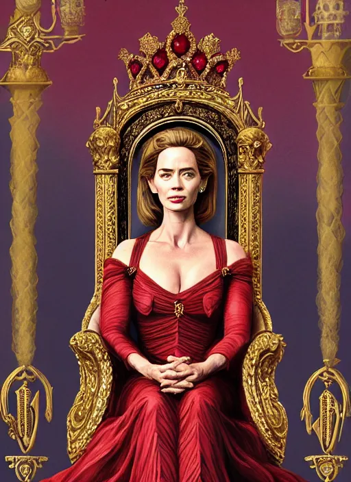 Image similar to portrait of emily blunt as queen on a throne, jewelry, greek, ruby, victorian age, 1 8 9 0, intricate, headshot, key visual, conceptart, ambient lighting, highly detailed, digital painting, artstation, concept art, sharp focus, by makoto shinkai and akihiko yoshida and greg manchess