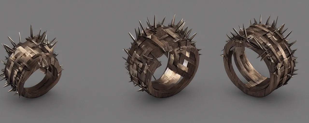 Image similar to wooden ring with spikes, ring, wood, steel, sword, smooth shank, engravings, product design, jewelry, art by gerald brom, greg rutkowski and artgerm and james jean and zdzisław beksinski, 8 k, unreal engine, c 4 d