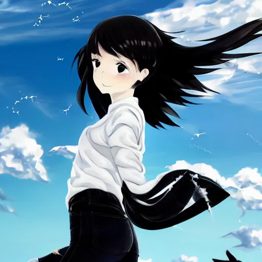 Image similar to 1 7 - year - old pale - skinned anime girl with black long bob cut, long bangs, black gothic jacket, black jeans, flying through sky, jumping through clouds, late evening, blue hour, cirrus clouds, pearly sky, ultra - realistic, sharp details, subsurface scattering, blue sunshine, intricate details, hd anime, 2 0 1 9 anime