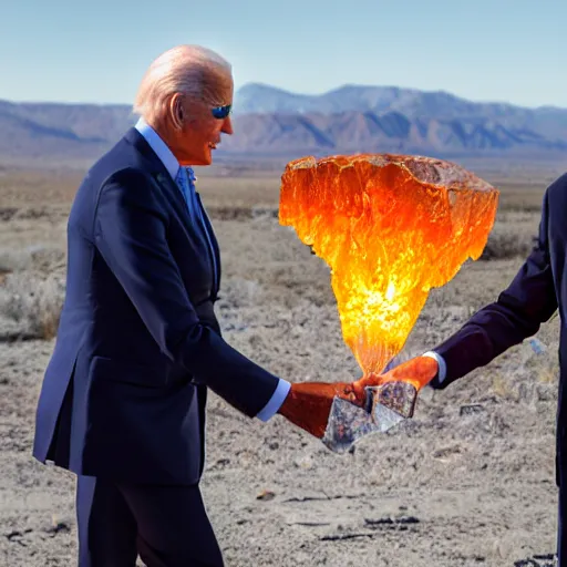 Prompt: UHD candid photo of Joe Biden and Hunter Biden holding up a giant flaming quartz crystal, UHD, photorealistic, correct face, photo by Annie Leibowitz