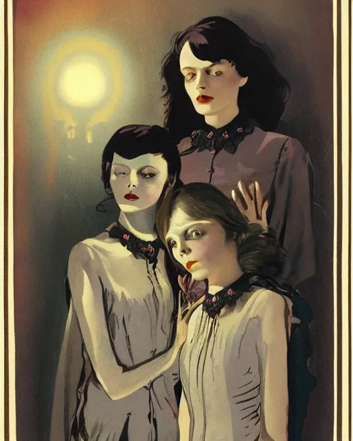 Image similar to a beautiful and eerie vintage pulp illustration of two beautiful but creepy siblings wearing vivienne westwood collars in layers of fear, with haunted eyes and dark hair, 1 9 7 0 s, seventies, wallpaper, a little blood, morning light showing injuries, delicate embellishments, painterly, offset printing technique, by brom, robert henri, walter popp