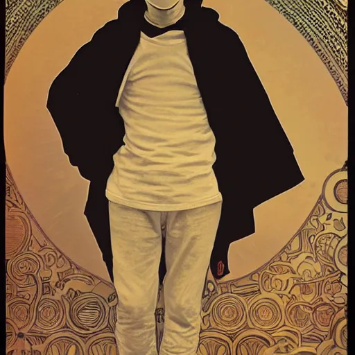 Prompt: a 1 5 year old in a black hoodie with the hood on his head wearing black pants and shoes and round sunglasses and a black mask, alphonse mucha, digital art