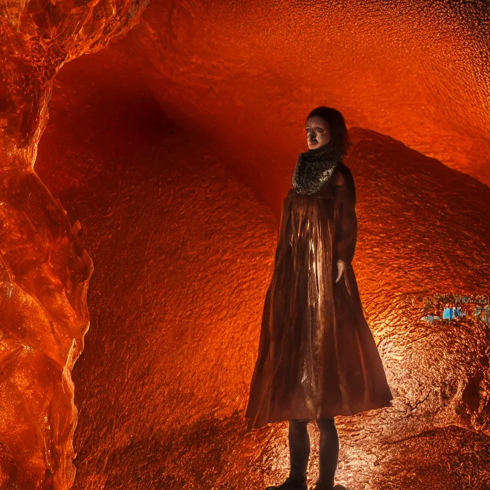 Image similar to closeup portrait of a woman wrapped in copper fiber, standing in skaftafell ice cave in iceland, color photograph, by vincent desiderio, canon eos c 3 0 0, ƒ 1. 8, 3 5 mm, 8 k, medium - format print