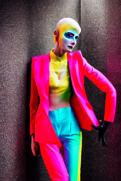 Image similar to realistic photoshooting for trouser suit for a rave, bright colors, vhs colour photography, photo for a magazine, photo for a store, fashion photography, Vogue,, cinematic, high detail, 8k, dynamic pose,Smooth skin, perfect face, 80mm lens, 1.2 aperture, close up, cinematic light, very detailed, cover magazine