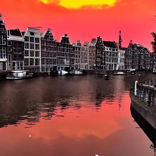 Prompt: a red sky with a yellow sun in amsterdam