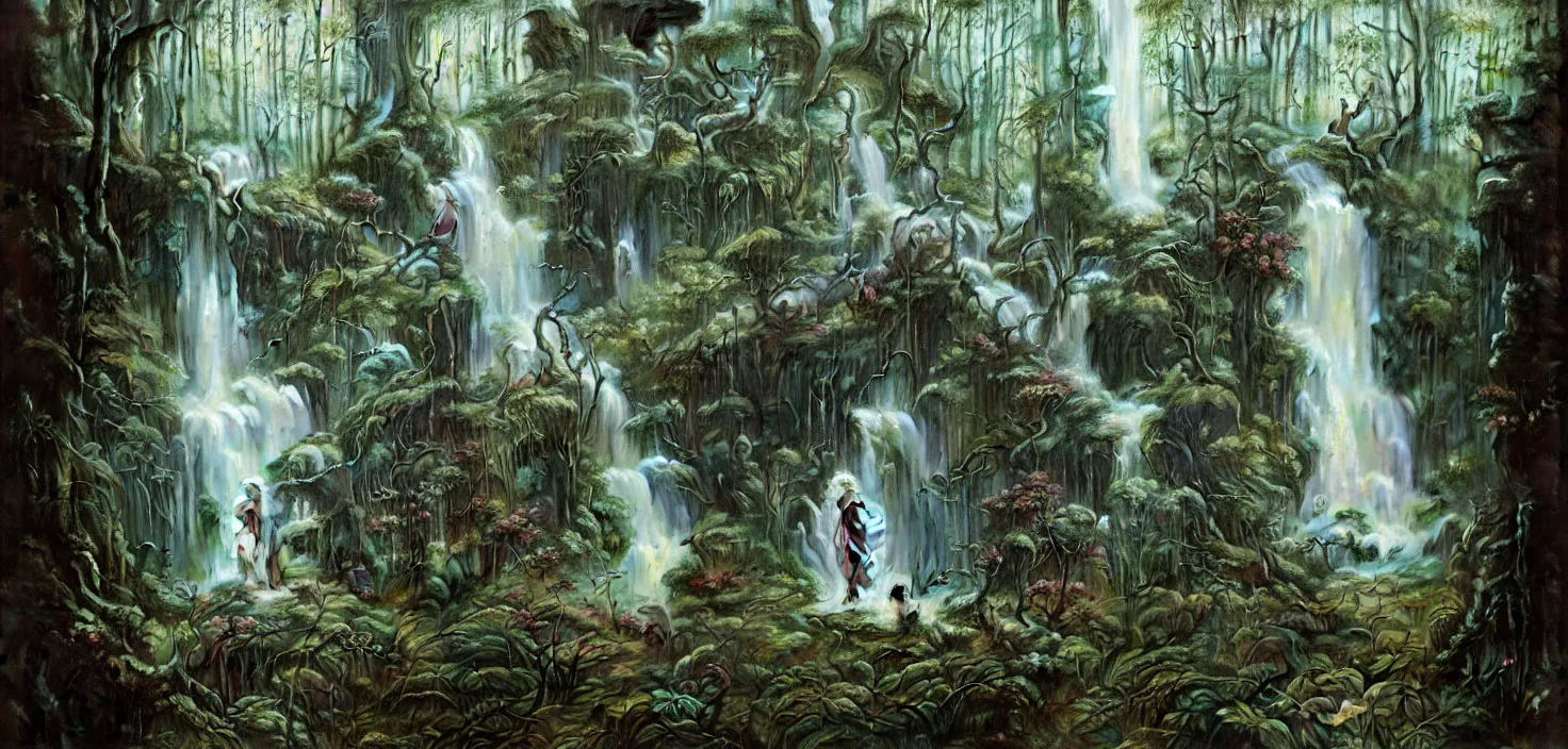 Image similar to a hyper realistic architectural witch shrine under a waterfall in the woods, gorgeous lighting, lush forest foliage, painting by chiara bautista and tom bagshaw, muca beksinski and norman rockwell and greg rutkowski weta studio, and lucasfilm