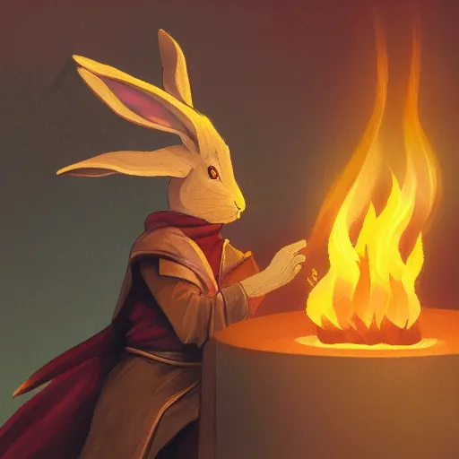 Image similar to concept art of a rabbit sorcerer casting a fire spell, dramatic