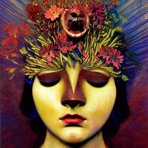 Prompt: a masterpiece painting of a facemask made of stylized flowers, by annie swynnerton and jean delville and tino rodriguez and john watkiss, flower mask, art deco shaman, art brut, symbolist, dramatic cinematic lighting, god rays, iridescent beetles, clean crisp graphics, smooth sharp focus, extremely detailed