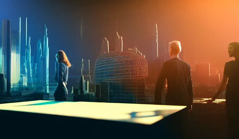 Image similar to group of people in simple warehouse, looking at hologram of futuristic city on a table, cinematic concept art, godrays, golden hour, natural sunlight, 4 k, clear details, tabletop model buildings, center model buildings, hologram center, crane shot, crane shot, crane shot