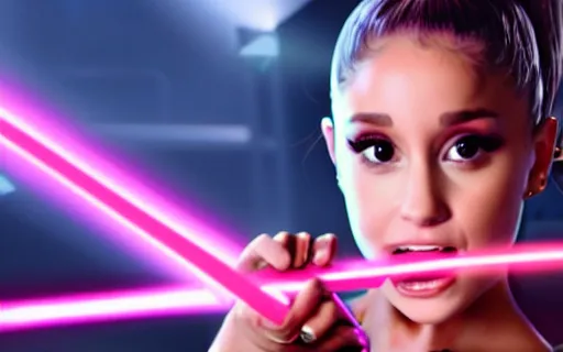 Image similar to A hyper realistic photo of Ariana Grande in the Star Wars universe with two pink lightsabers. Maximum detail on artstation, photo realism