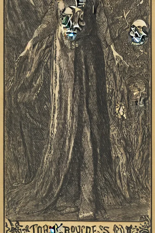 Image similar to tarot card of several skulls and bones with a young woman wearing a long dress stuck in the middle