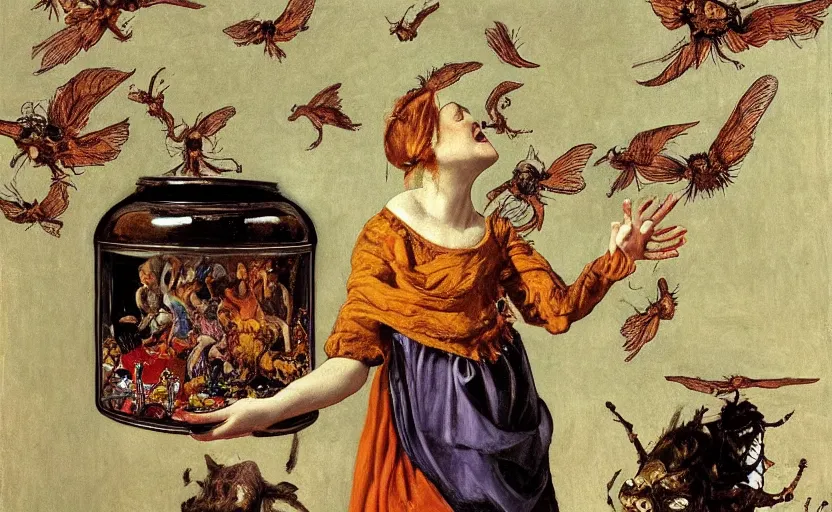 Prompt: a painting of pandora opening her jar, releasing monsters and critters that impersonate sickness and death, misery, she is fully dressed, in the style of realism and a masterpiece by artemisia gentileschi, artemisia gentileschi, james jean, and egon schiele, critters flying around, the jar is clearly visible