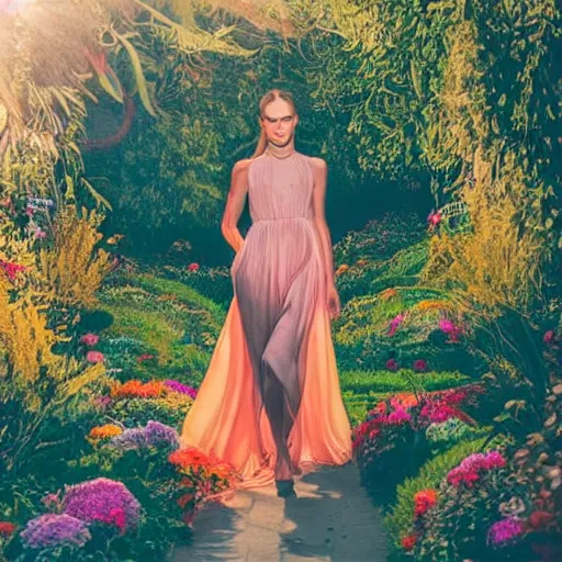 Image similar to A world of various flowers and plants, in which there is a figure of a human, dressed in something magical and impressive, inside this clothes infinity is all in sunset light