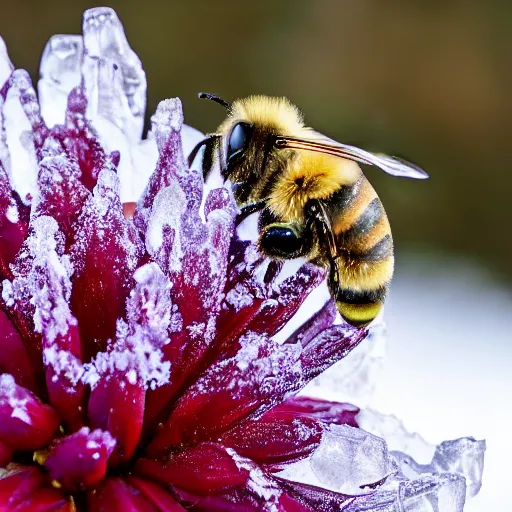 Image similar to a bee finding a beautiful flower, entrapped in ice, only snow in the background, beautiful macro photography, ambient light