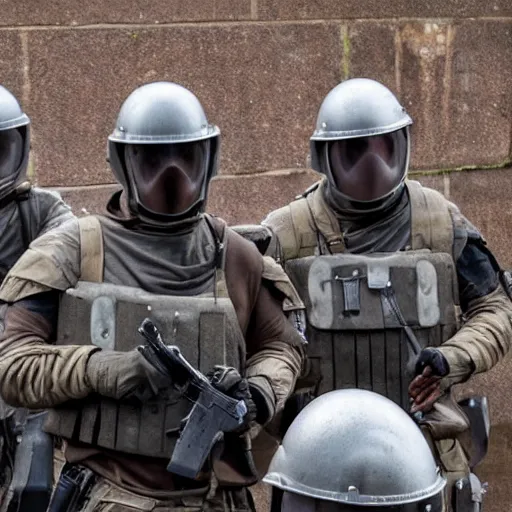 Prompt: British mercenaries wearing grey body armor and MICH combat helmets in the aftermath of a bloody battle, photo by Adam Ferguson, Pulitzer Winning, cinematic composition, breathtaking, modern, 8k, taken in 2022