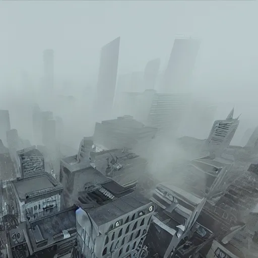 Image similar to a photorealistic image of terror in the skies, volumetric fog, cityscape, wide angle