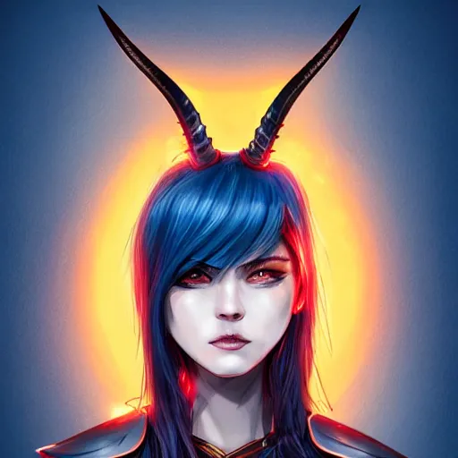 Prompt: illustrated realistic tilted head portrait human female prong-horned with blue bob hair and solid black-eyes black sclera wearing strap leather armor, orange glow, backlit by rossdraws