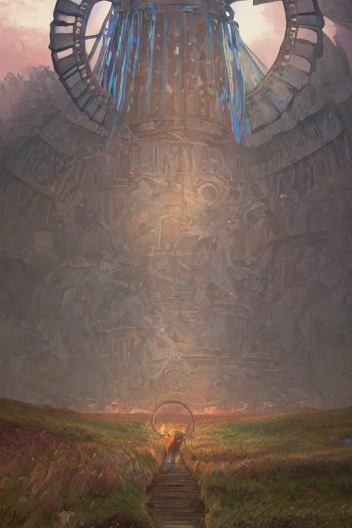 Image similar to temple of the giant windmill. Trending on Artstation highly detailed, digital painting, artstation, concept art, smooth, sharp focus, illustration, art by artgerm and greg rutkowski and alphonse mucha and Wayne Barlowe and Zdislav Beksinski and Francis Bacon