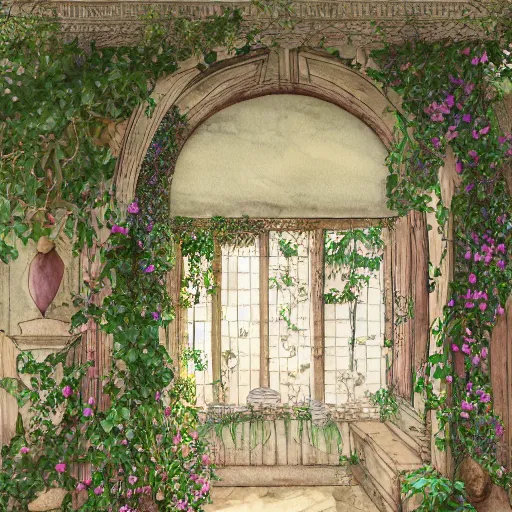 Image similar to delicate garden on paper, spirals stony, floating robes, puffy, vines, botanical herbarium, botanic watercolors, coastline, iridescent, 8 k wide angle, realistic shaded, fine details, artstation, italian, rainbow, colonnade, oak, pinecone, pomegranade, vines, gardena architecture, pompeian, sicilian, boundary walls