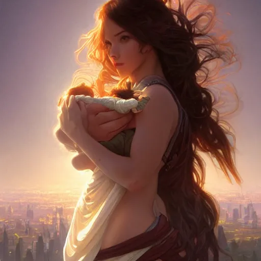 Image similar to giantess woman holding a small man in her hands, intricate, highly detailed, digital painting, artstation, concept art, smooth, sharp focus, illustration, unreal engine 5, 8 k, art by artgerm and greg rutkowski and alphonse mucha