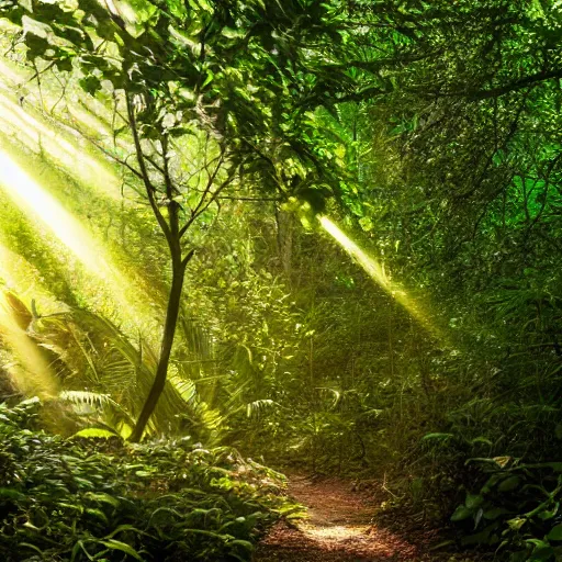 Prompt: A jungle path light rays beaming down from the canopy far above, 8k, lens flare